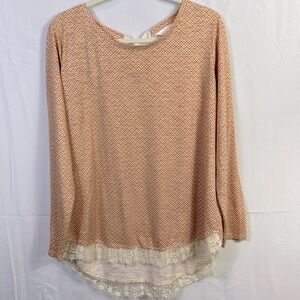 Lauren Conrad Lace Hi Lo Long  Sleeve Top Size XL Dusty Rose Floral Tie on Back